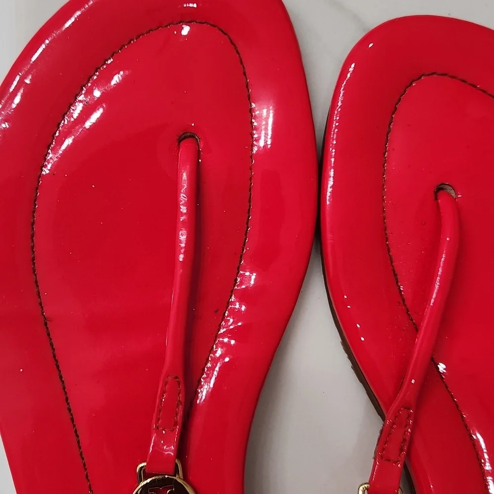 Tory Burch Bright Red Braided Thong Sandals with Gold Logo - Picture 3 of 12